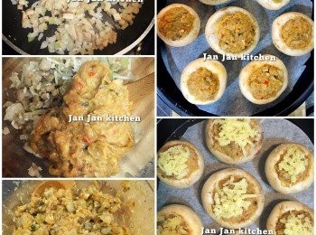 step1: 小蘑菇用少許濕的布或廚紙抹乾，剪去菇掟，菇掟留用切粒，洋蔥切粒，分別炒熟。然後與吞拿魚及蕃茜碎混合，可加入適量黑胡椒碎。餡料釀入蘑菇，洒上芝士碎，200度焗大概5分鐘至芝士溶化即可。