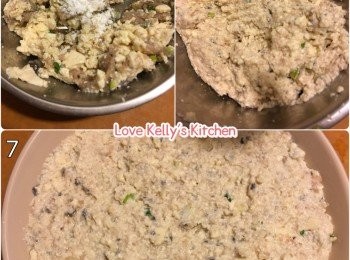 step2: 將豆腐混合1）加入生粉攪至起膠，放入碟內，入蒸爐/大火隔水蒸10分鍾；