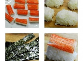 step2: 蟳味棒先把外包拿掉，一切為二，入電鍋半杯水蒸熟，海苔剪長條，白飯捏成蟳味棒大小（手沾點水比較好捏喔），將蟳味棒放在捏好的白飯上，並用海苔包住