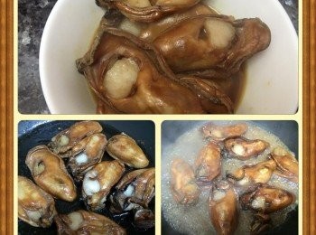 step3: 平底鑊下油燒熱，放蒸好的金蠔煎至兩面金黃色，然後就落蒸蠔汁，煮至汁稠就可上碟，完成～