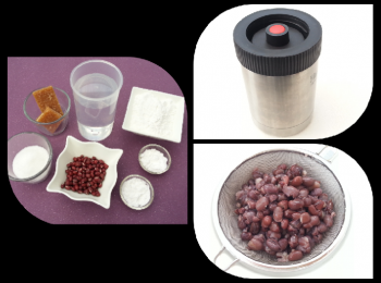 step1: 煮紅豆方法： 紅豆(不用浸)洗乾淨，加入500g水用大火煮滾後 ，改細火煲10分鐘。倒去水份，再加入500g水用大火煮滾後轉細火煲30分鐘。放入保温瓶過夜。第二日，就有外表原粒，裡面已起沙的紅豆。
