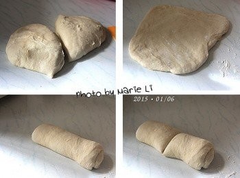 step3: 關鍵注意事項：

在麵包機開始動作算起半個小時(30分鐘)
大約是在麵包機傳來酵母粉落下的聲音之後
當次的攪拌停止之時，會有約 4分鐘的空檔時間
在這個時間點上取出麵糰
(麵包機不需要按停止鍵，讓它繼續走行程)

為了搶這個 4分鐘的空檔時間
動作盡可能快速的將麵糰揉出空氣
然後等分為兩份
擀開後捲成長條狀再各別切割成兩份
所以一共會做出四份小麵捲