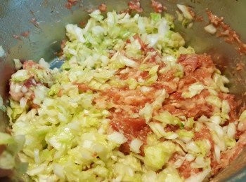 step4: 在將備用的高麗菜到入攪拌好的豬肉裡。