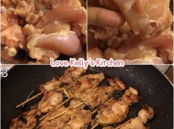 step1: 解凍後去肥膏和去皮，切薄塊(圖2)，用<span class="group_2">調味料</span>醃過夜或最少2-3小時，然後用木籤串起一串串備用；