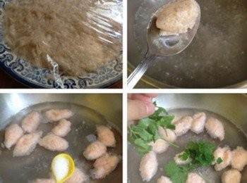 step2: 將攪打好的蝦泥放於平盤內，蓋上保鮮膜，送入冰箱冷藏30分鐘-1小時左右；鍋內燒開水，將勺子先沾上熱水後再挖出大小均勻的蝦滑放入沸水中；大火燒至蝦滑全部浮起，加入適量鹽、生抽調味；灑入香菜，滴入少許香油，裝盤即食。