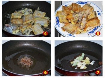 step2: 碗內打入一枚雞蛋。起油鍋，帶魚塊兒放到蛋液中打個滾，在油溫7成熱時下入鍋中煎炸，煎至兩面金黃撈出瀝乾油分備用。重新起油鍋，油熱至7分時放入小把花椒，然後放入蔥薑蒜八角爆香。