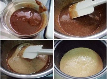 step5: 將已經處理好的步驟2ˊ和鮮奶拌勻ˊ取1小部份完成的麵糊拌勻ˊ
 (讓密度和麵糊更接近)ˊ
然後倒回剩下的麵糊中ˊ再次拌勻ˊ 
接著將所有麵糊倒入電子鍋中ˊ起動設定全程約40~45分鐘