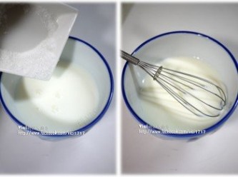 step1: 1 把糖倒入鮮奶裡，攪拌至溶化