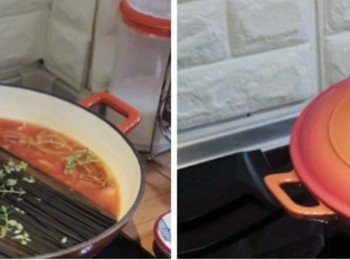 step3: (水量略為覆蓋過麵)並加上酌量百里香，大火煮滾後， 蓋上鍋蓋改用小火約15分鐘 過程記得偶爾打開鍋蓋略為翻拌一下，避免黏鍋