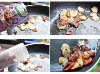 step5: 接著將數顆無籽梅肉放入原鍋中與蒜片爆香拌炒，並灑些梅粉