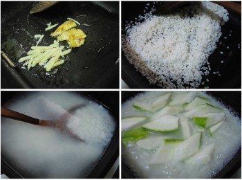 step4: 熱鍋後加入少許食用油ˊ中小火煸炒香扁魚和薑絲ˊ
然後取出ˊ(扁魚放涼後拍細碎備用)
用爆香油略為拌炒米粒後ˊ添入米杯6杯的高湯水ˊ
大火煮沸後改以小火熬煮至濃稠ˊ然後再加入絲瓜煮至熟透