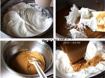 step6: 以電動打蛋器將蛋白打出泡沫
加入白醋(或檸檬汁)和一半的細砂糖下去
繼續打出更多細緻的泡沫後再加進剩下的砂糖
然後繼續打至乾性發泡，蛋白霜能挺立

先加一小部份的蛋白霜進麵糊裡拌勻
再將麵糊全都倒回蛋白霜中慢慢翻攪拌勻