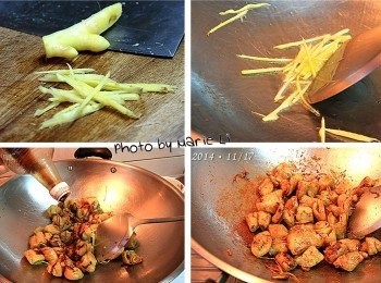 step3: 另起油鍋，倒一點沙拉油把薑絲爆香
轉中小火倒進麵腸、些許味醂、素蠔油和糖一起拌炒入味


※喜歡軟嫩一點口感的可添加些許溫水，煮至水份收乾即可起鍋裝盤