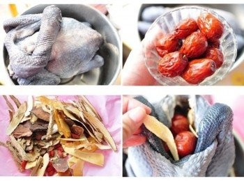 step1: 備料:烏骨全雞、山東大紅棗、十全大補帖；將烏骨雞沖洗乾淨後，塞入約8顆大紅棗，再放些藥材中的甘草於雞腹內。