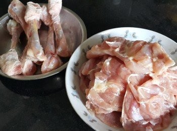 step1: 雞肶 2 隻，起肉後骨留用煲湯