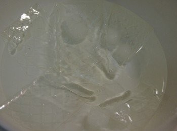 step4: 用一容器裝入冷水(加冰塊)放入吉利丁片泡軟瀝乾(備用)