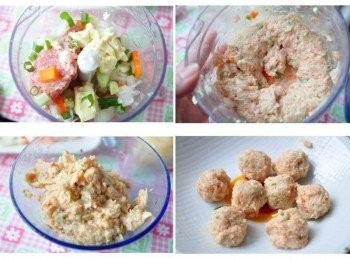 step2: 豬肉丸製作:將部分的紅蘿蔔、洋蔥切塊，加入絞肉蔥花與雞蛋豆腐放入調理機絞碎拌勻取出，再放入2大匙玉米粉攪拌即可捏成圓形狀(可放入冰箱冷藏半小時更好塑型喔!)