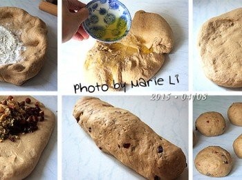 step5: 將中種麵團攤開，加進中筋麵粉一起揉勻
揉成無粉粒的麵團後再加入橄欖油
耐心地繼續搓揉至油完全被麵團所吸收
然後加進預備好的綜合堅果一起揉進麵團中
直至堅果均勻的分佈在麵團中
將麵團分割成八等份揉圓