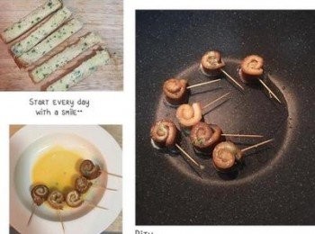 step7: 切下的吐司邊抹上蒜味奶油抹醬,捲起後用牙籤固定，並沾上剩餘的蛋液後，入鍋煎恰恰即可。