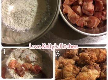 step1: 用醃料醃腩排大約1小時，將醃好的腩排沾上粟粉，熱好油鑊放入腩排，以半煎炸方式煮至熟透，盛起備用；