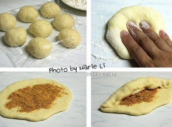 step4: 發酵好的麵糰等分成八份
再蓋上保鮮膜靜置 20 分鐘 讓麵糰鬆弛

鬆弛好的麵糰先按壓排氣
擀成橢圓形，鋪上《素香鬆》
將麵糰以《橄欖形方式》捲起

※我的方向捲錯了，應該要從長邊開始捲起~ =..="