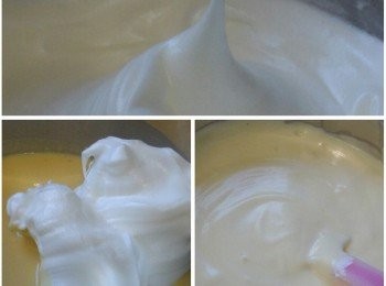 step3: 把鹽加入4隻蛋白內再分次加入砂糖打至起角企身，分3次用fold in方法輕輕將蛋白拌入麵糊內直至完全混合。