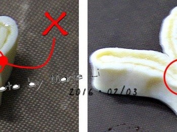 step4: 將切好的餅乾一塊塊拿起來
把愛心的尾端壓出一個明顯折痕
注意，注意，注意 (很重要所以說三次)
必須要像右手邊的圖示一樣
要同時將折疊的部份全都壓到
這樣才可以避免酥皮在烘烤時膨脹到變形

這是我烤了兩盤後慘痛經驗所得到的結論。