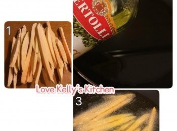 step2: 預備平底加入橄欖油，用大火熱好油之後，轉中細火才加入切好的番薯條，半煎炸至金黃色即盛起，最後灑上少許七味粉在番薯條面上便完成