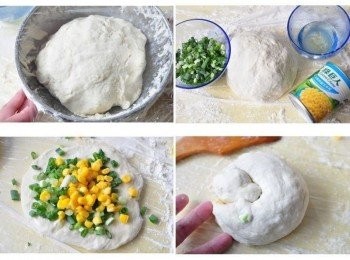 step2: 將準備好的中筋麵粉放入容器中，慢慢的倒入沸水並用筷子攪拌成結塊狀，再加入冷水攪拌後搓揉到沒有粉粒感，繼續搓揉到麵糰不沾手及不沾鍋為止(其中可能因為水量太多，所以不斷的加入乾麵粉一起綜合搓揉，幾乎用完1包中筋麵粉..忘了搓揉多久..?感覺好久之後才不黏手~)，接著蓋上保鮮膜靜置約35~40分鐘..之後隨意捏大小塊團狀，用桿麵皮或手壓平，塗抹上適量的橄欖油，灑上胡椒粉及鹽巴，再鋪上蔥花與玉米粒，最後圈成一個圓~