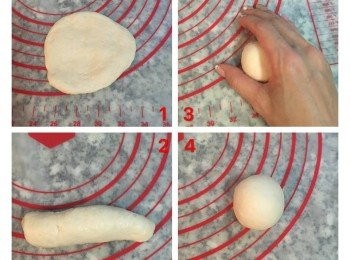 step6: 接著秤重量,切割成12份,每份重量約為40~41g. 整型前最後一次壓捲, 每一小顆先壓扁後,捲成長柱狀,再抓著兩邊往下摺,然後開始揉圓. 揉圓的順序要排好,等一下先揉好的要先整型. (此時可將冷凍中的有鹽奶油取出備用)