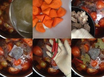 step9: 之後下牛肉湯，甘筍、牛肉、指天椒、香葉、香料包
加蓋煮沸，之後小火煮1小時，最後關火悶最少5小時﹐
可以悶過夜最好，中間最好不要開蓋查看