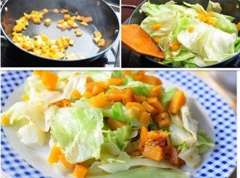 step2: 先將南瓜丁炒香釋放鮮甜味後，放入高麗菜拌炒後起鍋