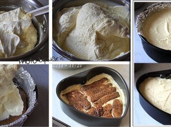 step7: 將打發好的鮮奶油倒進乳酪餡中慢慢攪拌均勻
再將完全拌勻的乳酪餡料倒進蛋糕模中

這次的份量做得太多
所以共做了一個八吋圓形模與一個八吋心形模
我的作法是先在蛋糕模底部鋪一層《手指餅乾》
倒進乳酪餡於蛋糕模將近一半的高度
再放上一層《手指餅乾》然後再將乳酪餡倒至九分滿
以刮刀抹平蛋糕表面的乳酪
將整個蛋糕拿進冰箱冷藏至少六個小時使之凝固