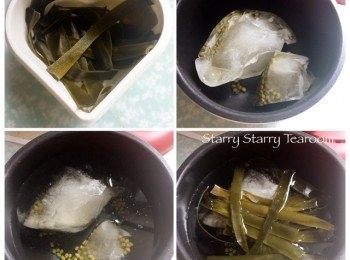 step2: 將浸發至軟身的海帶切成絲，備用。將綠豆冰拿出來，放進小飯煲。然後加進600ml水，再加進海帶。用基本模式煮80分鐘。