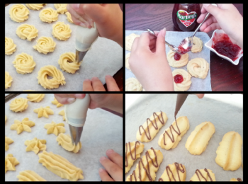 step5: 放入預熱180℃的焗爐內，焗約15分鐘至金黃色。【加果醬的方法：放在已焗至金黃色的曲奇中央，放回預熱的焗爐內，焗約 3~5分鐘。】【朱古力裝飾：待曲奇放涼後，溶一些朱古力，在曲奇上唧上自己喜好的圖案。】