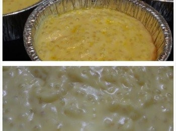 step5: 把西米糊倒入器皿內約九成滿再在表面掃上餘下的牛油溶液。最後放入注滿熱水的焗盤裏，用200℃焗25分鐘至表面金黃。