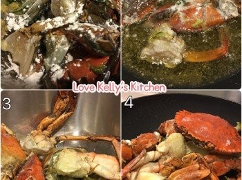 step1: 將蟹切件沾上粟粉，熱好油，放入去炸至8成熟盛起備用；