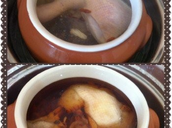 step2: 取出燉盅將洗淨的藥材加入，然後面上放上雞全腿。