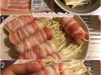 step1: 洗乾淨金菇大約分開6-8束，用豬腩肉片卷好用牙籖吉好；