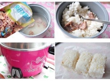 step2: 準備一量杯白米洗淨瀝水後，與冰梅肉一起放入電鍋燉煮至熟，拌一拌待涼後，取用壽司器皿將梅香飯做成長條狀