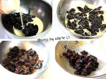 step2: 前置作業(一)：
龍眼乾： 60g + 養樂多： 40g

龍眼乾先用養樂多(白蘭地或優酪乳也可以)
浸泡一、二天使其入味

浸泡後龍眼乾充份吸飽了湯汁
將泡好的龍眼乾切成小塊狀
若有剩下的湯汁不要倒掉喔！！！