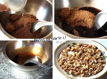 step3: 前置作業(二)：
黑糖粉： 60g + 水： 15g

黑糖粉加上水一起拌勻
以隔水加熱的方式煮至黑糖完全融化即可

前置作業(三)：
核桃仁： 40g

平鋪在盤子上，放進已預熱至 150 度的烤箱中
烘烤約 5~6 分鐘之後取出切成小碎塊，備用。