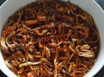 step10: 蟲草花浸泡軟身後, 便可搾出水份