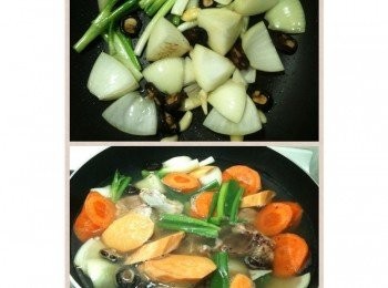 step7: 待洋葱呈現一點點焦黃的顏色時，加入步驟5的香菇水，放入步驟1的紅蘿蔔、地瓜、葱綠，再加水覆蓋所有<span class="group_1">食材</span>，蓋上鍋蓋，開大火煮滾。水滾後，轉中火慢燉。