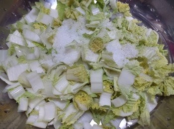 step3: 娃娃菜切絲，放入2湯匙鹽拌勻，待15-30分鐘。