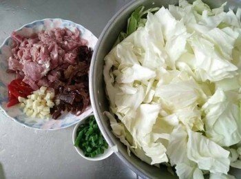 step1: 高麗菜洗淨並切片、肉絲洗淨、木耳洗淨並切絲、蒜頭敲碎、青蔥切珠、辣椒斜切，備用；