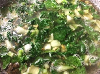 step4: 爆香材料後加入清水後再加入白菜絲煮，水滾落鹽適量便可