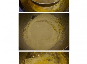 step3: 過篩麵粉與玉米粉到打發的牛油裡。