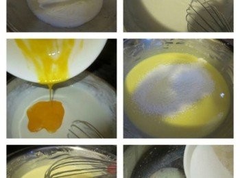 step1: 1: 把（B）的乳酪、鮮奶、牛油隔水煮溶至滑加入蛋黃快速拌勻再加入粉料(c)用手動打蛋器攪拌成細滑無顆粒狀才取出。