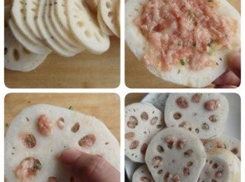 step2: 5. 藕洗淨，皮稍微刮刮，切片

6. 取一片藕，抹上肉餡

7. 蓋上另一片藕

8. 半成品